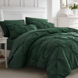 Ubauba 7pc Dark Green Comforter Set Queen Size, Hunter Green Pintuck Bed in a Bag 7 Piece, All Season Emerald Pinched Pleat Bedding Set with Comforter and Sheets (Green,Queen)