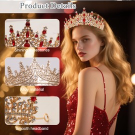 Birthday Queen Sash Crowns Set for Women Rhinestone Birthday Decoration Glitter Crystal Hair Party Supplies (Gold Red)