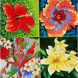 Flower hand painted ceramic art tiles set of four by Tile Craft 6x6 inches each with easel backs