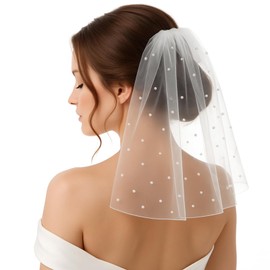 Psyqtsuary White Short Wedding Veil Short Bridal Veils Pearl Bride Veils Women's Shorts Vails with Pearl Bachelorette Party Veil Elegant Tulle Layer Vail for Brides and Women, 40cm/15.7"
