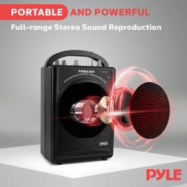 Pyle Portable PA Speaker & Microphone System - FM Stereo Radio, Built-in Rechargeable Battery, Aux & Microphone Inputs, Includes Beltpack, Hand-held Headset & Lavalier Mics - Black