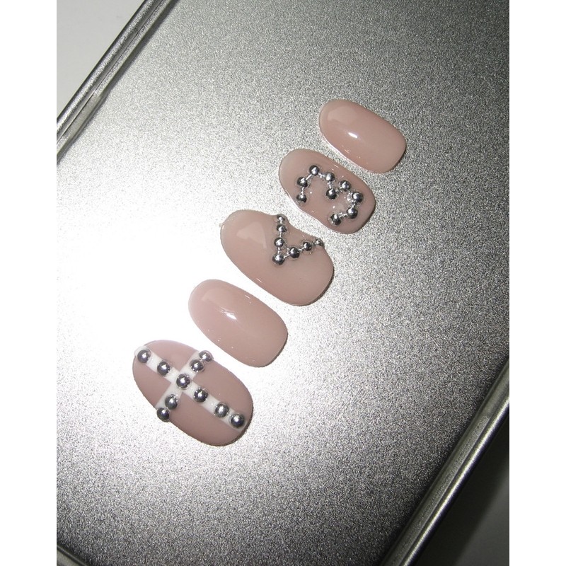 [Self-made] Heart Silver Ball Nail - Coffin Egg Tips /