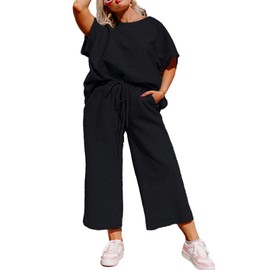 Eytino Plus Size Tracksuits for Women Casual Lounge Sets Crewneck Short Sleeve Tops Drawstring High Waist Wide Leg Sweatpants Lounge Sets with Pockets Black 1X