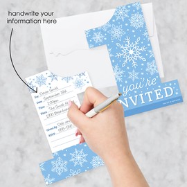 Big Dot of Happiness Blue Snowflakes 1st Birthday - Shaped Fill-In Invitations - Boy Winter ONEderland Party Invitation Cards with Envelopes - Set of 12