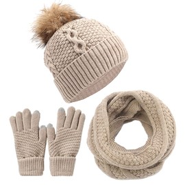 CheChury Hat Gloves Scarf Set for Women Winter Warm Knitted Pompom Beanie Hat Soft Thermal Scarf and Slouchy Touchable Gloves Set Autumn Winter Warm Solid Color Scarf Hat Glove Sets