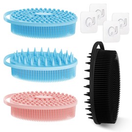 GEENOA Soft Silicone Body Scrubber 4PCS, 2-in-1 Bath & Shampoo Brush with Dual-Side Usage, Hygienic Silicone Loofah Shower Scrubber for Gentle Exfoliating & Good Lathering(Black/Pink/Blue*2)