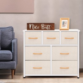 AZL1 Life Concept Storage Organizer 7-Drawer Closet Shelves, Sturdy Steel Frame Wood Top with Easy Pull Fabric Bins for Clothing, Ivory