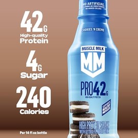 Muscle Milk Pro High Protein Shake, Cookies 'n Creme, 14 fl oz Bottles, (12 Pack) Ultra-Filtered Milk, 42g Protein, 4g Sugar, 240 Calories, No Artificial Flavors, No Artificial Sweeteners, No Added Colors
