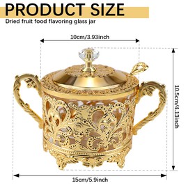 LCJAOF Vintage Glass Sugar Bowl with Lid and Spoon Kitchen Food Canister Condiment Pot Spice Glass Jar Sugar Container for Home, Restaurant Kitchen（Gold）