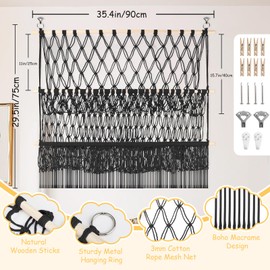 2 Tier Stuffed Animal Storage Shelf Net, 35x30'' Large Plushie Net w/ 2.4/1'' Dense Mesh for Mini Medium Stuffy Teddy, Black Boho Macrame Toy Holder Display w/ Lights&Clips for Nursery Kid Girl Boy