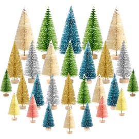 KUUQA 36Pcs Multicolor Mini Sisal Trees Bottle Brush Trees Mini Pine Trees with Wood Base Snow Frosted Trees Winter Snow Ornaments Tabletop Trees for Christmas Decorations Diorama Models