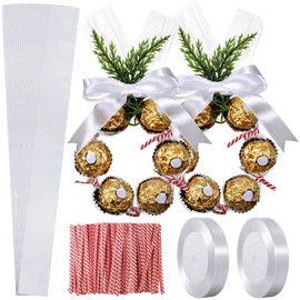 Dunzoom 2'' x 24'' Valentine‘s Day Candy Wrapping Gifts Treat Bags Set Plastic Transparent Bags with Twist Tie and Loop of Ribbon for Party Favors Chocolates Candy Wreath Making Kit