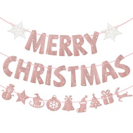 VitalCozy 3 Pcs Merry Christmas Banner Glitter Merry Christmas Sign Garland Pre Assembled Hanging Xmas Outdoor Indoor Decoration for Holiday Party Supplies Home Porch Fireplace (Rose Gold, White)