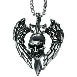 bahamut Mens Skull Angel wings Pendant Necklace for Men,Silver Goth Accessory Jewelry with Stainless Steel Chain (Silver Skull Wings)