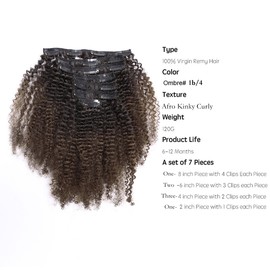 Ombre Remy Clip in Human Hair Extensions Afro Kinky Curly Clip ins 4B 4C 100% Natural Black Hair Extensions 10-22 inch Two Tone T#1B/4 Ombre Dark Brown Color Full Head (16 inch, Ombre#1B/4 AC)