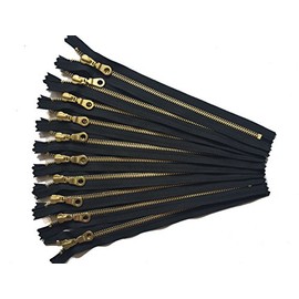 YKK Gold Metal Zippers in Black with Donut Pulls 14 Inch Number 5 Set of 10 Pieces by Craftbot