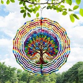 Tree of Life Wind Spinner 3D Stainless Steel Hanging Wind Spinners 10 Inch Stained Glass Style Multi-Color Kinetic Decor for Indoor and Outdoor Spaces Christmas Ornament Gifts