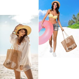 Youngfull Mesh Tote Bag, Foldable, Lightweight, Pool Back, Large Capacity, Breathable, Quick Drying, With Pockets, Spa, Swimming, Hot Springs, Bathing, Beach/Eco Bag, Net Bag, Braun
