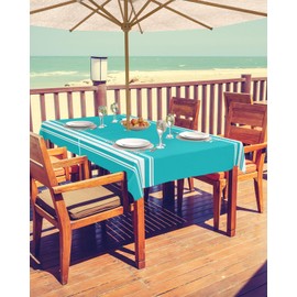 QueenKer Outdoor Tablecloth with Umbrella Hole, Farmhouse Aqua White Stripe Rectangle Tables Waterproof Tabletop Collection for Patio, Garden, Picnic, Camping, Dining 60 x 102 inch