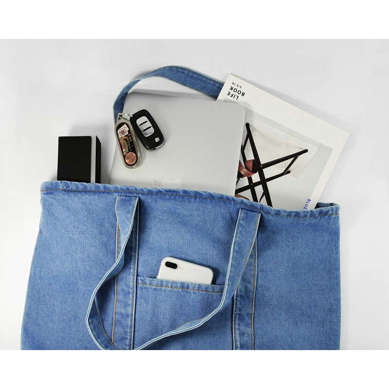 Hoxis Casual Denim Tote Bag with Zipper, A4 Large Capacity,