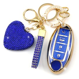 YIKECASE Key Fob Cover with Diamond Keychain, Car Key Holder Compatible with Nissan Altima Rogue Sentra Pathfinder Frontier Maxima Titan Murano Kicks Juke Versa Armada GTR, 4 Buttons (Blue-Heart)