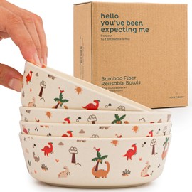 Nook Theory 4 Pack Bamboo Bowls - Alternative to Plastic Bowls, 18 Oz Reusable Bamboo Kids Bowls Reusable, Childrens Dishes, Shatterproof Bowls, Food-Grade, Dishwasher Safe - Bamboo Dishes (Dino)