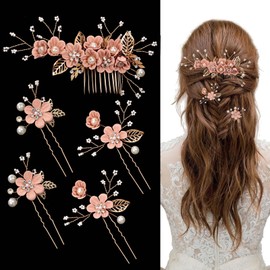 5 Pieces Bridal Wedding Hair Pins Crystal Pearl Flower Bobby Pins Elegant Floral Headpiece Gold Wedding Hair Accessories for Brides Bridesmaids Women Girls (Cherry Blossoms Pink)