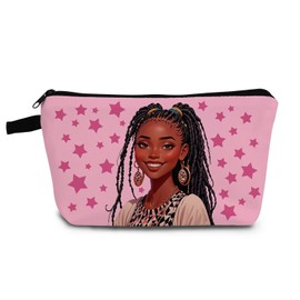 YULUENZE African American Lady Makeup Bag Cute Small Organizer Bag with Zipper Pink Star Black Lady Cosmetic Bag Aesthetic Birthday Present for Women Sisters Friends