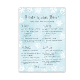 SNOWFLAKES Baby Shower Games — WHAT'S ON YOUR PHONE — Pack of 25 —WINTER Wonderland Baby Shower Game, Baby It’s Cold Outside Frost Holiday BLUE Boy Baby Shower Activity Couples Co-ed Shower G781-PHN