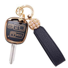 Qetoosur for Lexus Key Fob Cover with Leather Lanyard, Key Case Protection Shell Fit for 2000-2006 Lexus ES GS is LS SC GX470 RX300 RX330 RX350 RX400h Smart Key Holder, Black