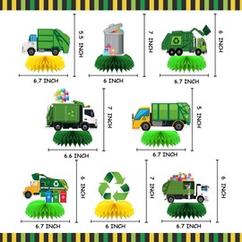 8 Pcs Garbage Truck Party Decoration, Trash Truck Theme Honeycomb Centerpieces 3D Double Sided Table Decorations, Photo Booth Props for Kids Boys Girls Birthday Party Supplies