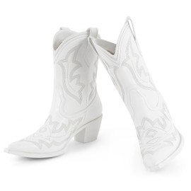 MISSMILLER Women Cowboy Boots Embroidered Western Cowgirl Boot Pointy Toe Short Ankle Booties with Pull On Tabs