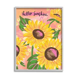 Stupell Industries Hello Sunshine Sentiment Blushing Yellow Sunflowers Small Daisies, Design by Deborah Curiel Gray Framed Wall Art, 24 x 30, Pink