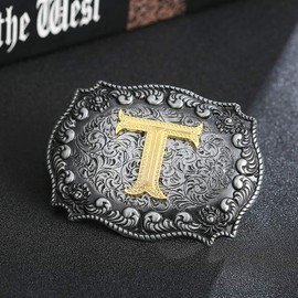 HUABOLA CALYN 2 Pieces Western Cowboy Belt Buckle Bolo tie Set for Men Golden Initial Letter ABCDMJR to Z Costume (T)