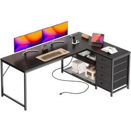 PRAISUN 61" L Shaped Desk with Power Outlets and USB-C Port, Reversible Computer Corner Office Desk with 4 Fabric Drawers and 2 Height-Adjustable Shelves, Large for Gaming Writing Work Study，Black