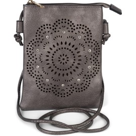 styleBREAKER 02012367 Women's Mini Bag Shoulder Bag with Flowers Laser Cut Cutout Pattern and Rhinestones Shoulder Bag Handbag, Antique Grey