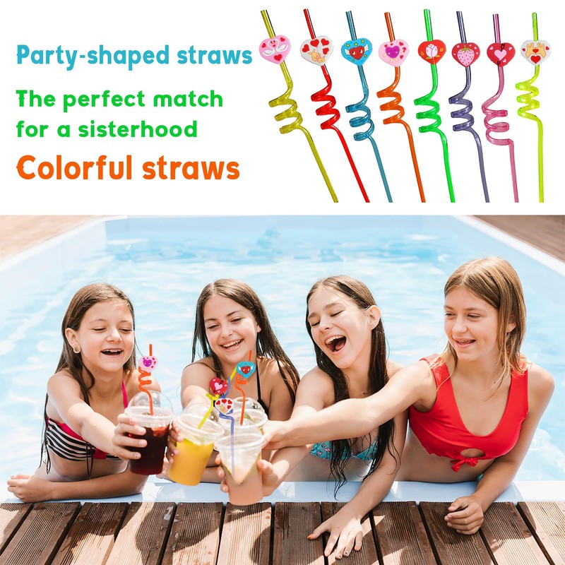 24 Packs Bulk Heart Shape Reusable Plastic Straws, Drink Straws