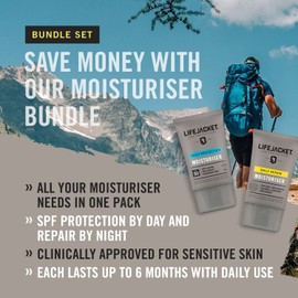 LifeJacket Moisturiser Set - Daily Protection Moisturiser SPF30 100ml + Daily Repair Overnight Hydration Face Cream 100ml Anti Ageing Mens Moisturiser Gift Set Clinically Approved for Sensitive Skin
