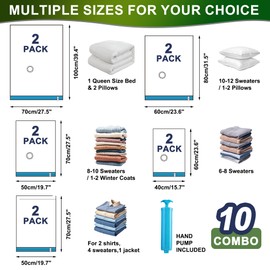 Oumaru Vacuum Storage Bags for Clothes, 10 Pack Vacuum Bags, Space Saver Bags for Clothes, Duvets and Pillows, Hand Pump Included (Combo)