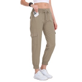 MoFiz Women's Cargo Joggers Lightweight Quick-Dry Elastic Waist Summer Pants for Hiking, Golf & Outdoor Travel, Relaxed Fit with Snap Pockets & Ankle Cuffs Khaki S