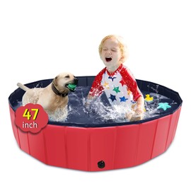 CACSPS Foldable Dog Pool, 47" x 12" Kiddie Pool with Hard Plastic, Non-Slip Dog Bath Tub for Outdoor Backyard, Collapsible Dog Swimming Pool for Kids Dogs Pets (Red)