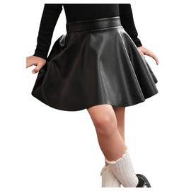 WDIRARA Toddler Girl's PU Leather Flared Mini Skirt High Waisted Skater A Line Skirt Black 6Y