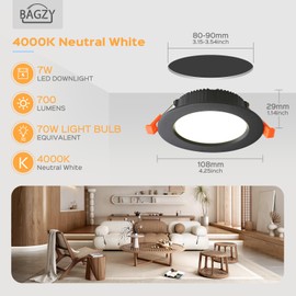 BAGZY LED Recessed Spotlights 230 V Black Spotlights Flat 7 W 230 V IP44 700 Lumen Set of 5 Natural White 4000 K Cut-Out 80-90 mm CRI 80 Recessed Ceiling Spotlight for Bedroom Bathroom Living Room