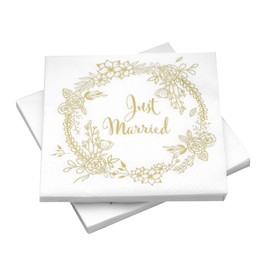Wedding Napkins Just Married Flower Wreath White/Gold - 33 x 33 cm (20 Napkins)