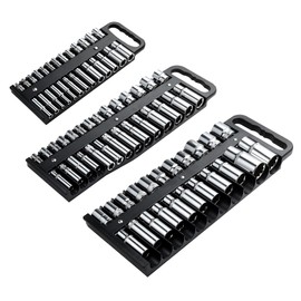 Reniteco Magnetic Socket Organizer Set, 3 Pcs Black Portable Heavy Duty Socket Rail Set: 1/4-Inch x 22 Pallets, 3/8-Inch x 28 Pallets, 1/2-Inch x 26 Pallets, Hold 76 Sockets - Fit Shallow&Deep Sockets