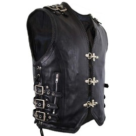 SKAF IMPEX Men's Genuine Cow Leather Heavy Buckled Zipper Braided Rocker Biker Motorcycle Vest Waistcoat XS~7XL (7XL)