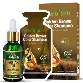 Herbishh Golden Brown Hair Dye Shampoo Kit with Argan Oil | PPD-Free 3-in-1 Hair Color + Deep Conditioner | Gray Coverage | Travel Sachets (10) + Mask + 30ml Argan Oil