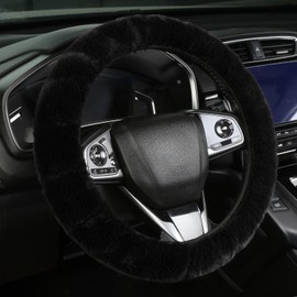 Fluffy Warm Steering Wheel Cover, Faux Wool Soft Texture Cute Plush Lint-Free Steering Wheel Interior 14-15inch (Black)