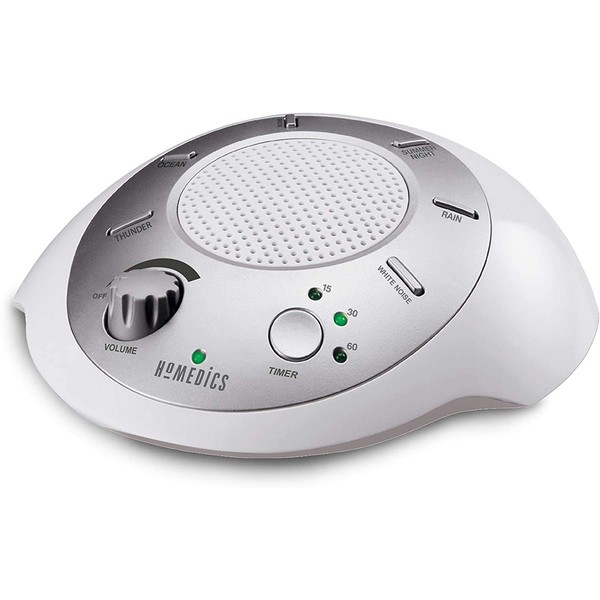 Homedics SoundSleep White Noise Sound Machine, Silver, Small Travel Sound Machine with 6 Relaxing Nature Sounds, Portable Sound Therapy for Home, Office, Nursery, Auto-Off Timer, By Homedics