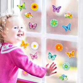 JarThenaAMCS 40Pcs Spring Thick Gel Clings Colorful Daisy Flower Butterfly Reusable Window Decals for Home School Office Classroom Nursery Party Supplies